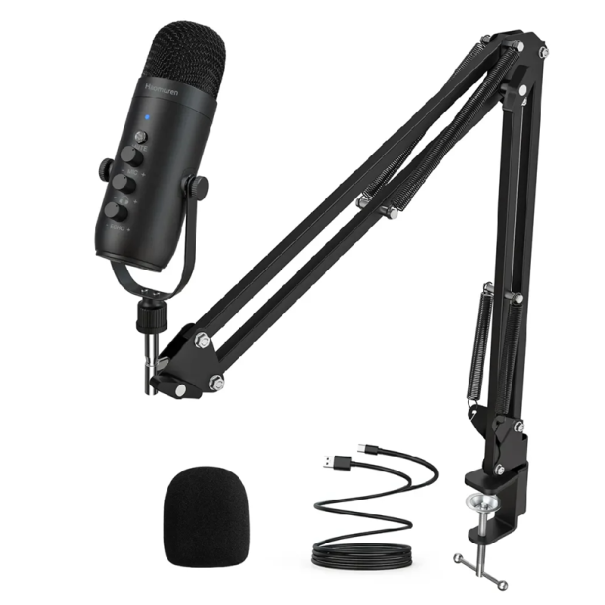 Professional Podcast Microphone with Arm and Table Base 3 Joints Plug and Play USB Foam Windshield 1