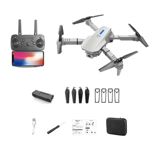Professionel foldbar fjernstyret drone med 4K HD dobbelt vidvinkelkamera WiFi FPV 2,4 GHz LED-lys 3 hastigheder controller-etui 25 x 25 x 5,5 cm grå