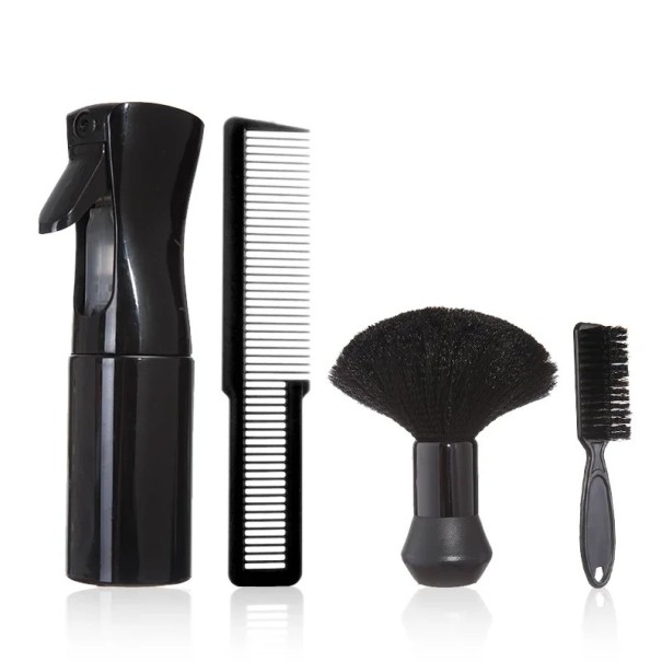 Professionel frisørsæt 4i1 Spray 19 x 5,5 cm Kam 20,2 x 4 cm Rensebørste 14 x 9,5 cm Børste 14,5 x 2,7 cm Barber styling sæt sort