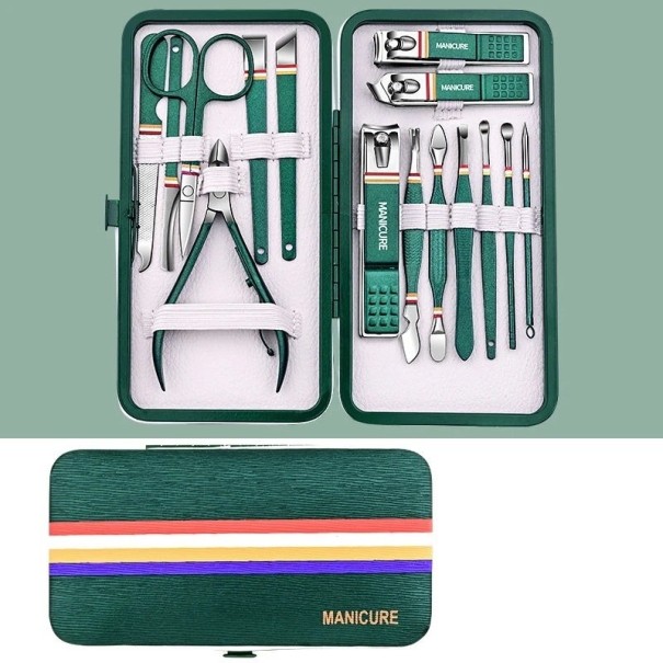 Professionele manicure- en pedicureset van roestvrij staal. Set met gereedschap voor de verzorging van gezicht, voeten, handen en teennagels in een leren etui. Tang, nagelvijl, oorlepel, schaar, pincet 15 stuks. groen