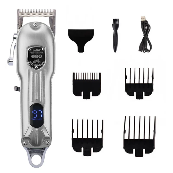 Professioneller Haarschneider für Haustiere 18,5 x 5,7 cm 10W 7000 U/min LCD-Display 1500 mAh Akku 4 Aufsätze grau