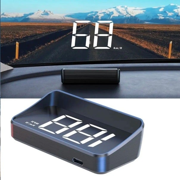 Projecteur HUD numérique pour pare-brise 4,5x9x1,4 cm GPS Compteur de vitesse Grandes lettres Écran USB-C Affichage de la vitesse Projection blanc