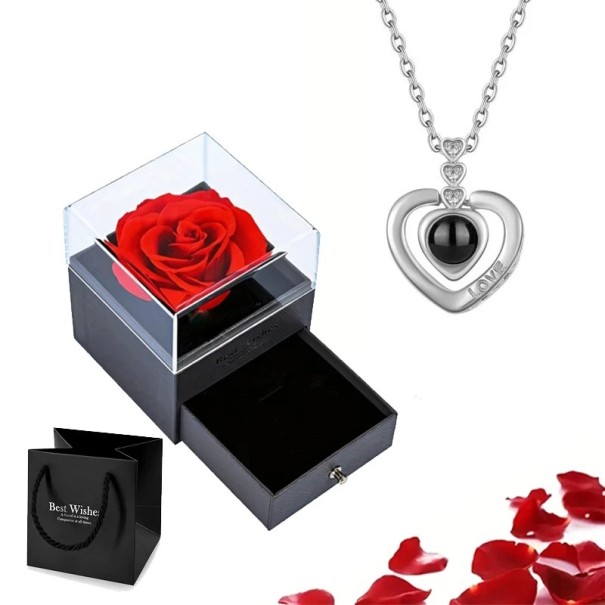 Projektionshalsbandset med projektion Jag älskar dig på 100 språk Rose Box Titanium Kedja Kopparhänge Hjärta Rose gold