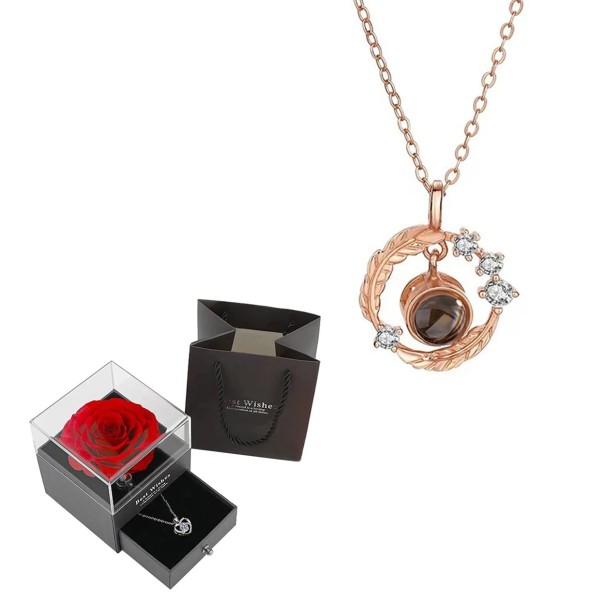 Projektionskette Olivenzweig Ich liebe dich in 100 Sprachen Titankette Kupferanhänger Geschenkbox mit Rose Rose gold