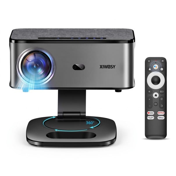 Projektor XIWBSY T08 Plus met Google TV stick Rotating Stand 360° 30,7 x 19 x 31 cm Android 14 en 4K decodering Grijs Voor thuisbioscoop 1