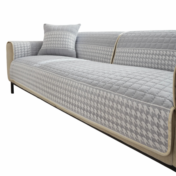 Prošívaný potah na pohovku protiskluzový 90 x 180 cm vzor houndstooth ochranný přehoz na sedačku a gauč pro obývací pokoj světle šedá