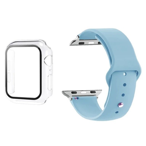 Protective Set for Apple Watch iWatch Series 3 2 1 38 mm 9H Glass Screen Protector Case Frame and Watch Strap light blue