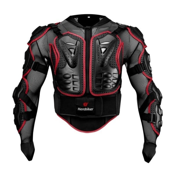 Protetor de corpo para moto com protetores duros de peito, ombros e cotovelos Cinto lombar ajustável PP e EVA Roupa de moto unisexo vermelho XXL