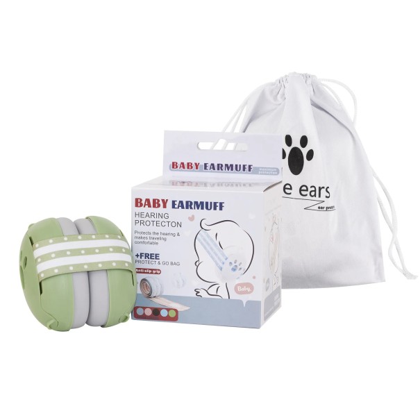 Protetores de ouvido Muffy Baby contra ruído com faixa ajustável e almofadas macias SNR 27 dB Proteção auditiva para bebés e crianças pequenas Viagens verde