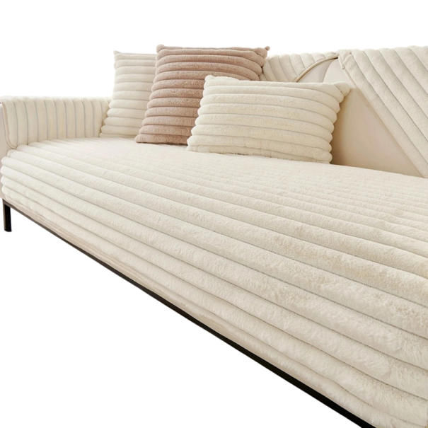 Protiskluzový potah na sedačku Plyšové pruhy 70 x 210 cm Imitace králičí kožešiny Pratelný v pračce Na gauč i sedací soupravu krémová