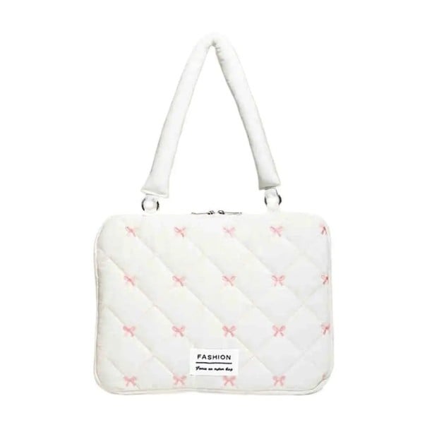Provat notebookväska med axelrem, quiltad med rosetter och dragkedja 39 x 29 cm, textil väska för flickor för 15-tums bärbara datorer vit