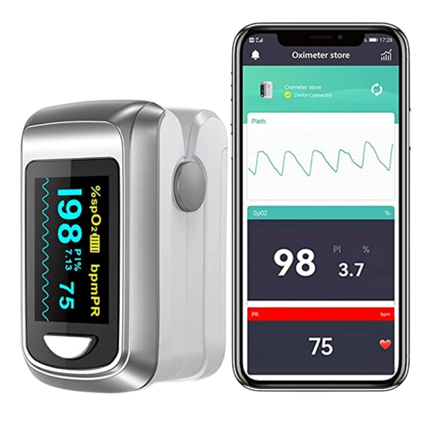 Prstový pulzní oxymetr Bluetooth měření SpO2 srdeční frekvence a PI dvoubarevný OLED displej digitální pro domácí monitoring zdraví šedá