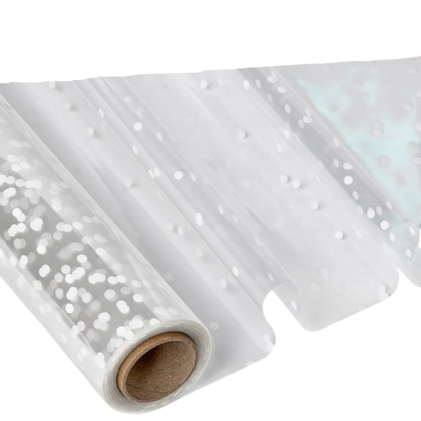 Průhledný celofán v roli 40 cm × 10 m balicí fólie s puntíky plastový materiál pro balení dárků, květin a kreativní tvoření 1