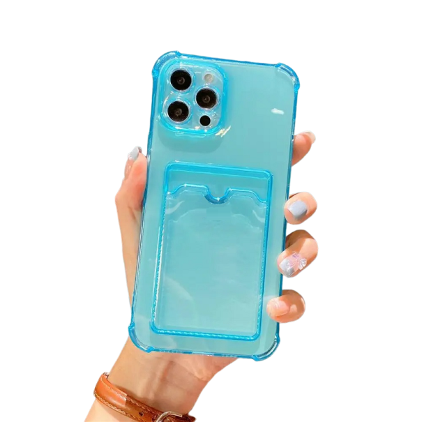 Průhledný kryt s kapsou na karty pro iPhone 15 tyrkysová