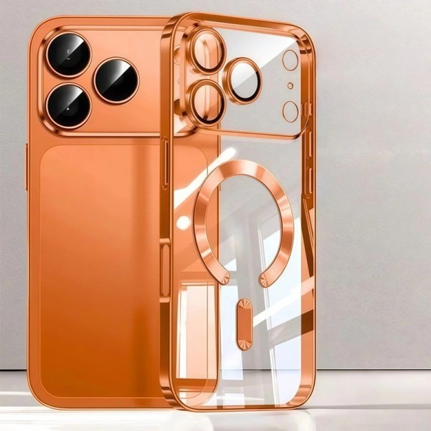 Průhledný pokovený kryt na iPhone Air Magnetické uchycení Ochranný kryt fotoaparátu TPU odolné pouzdro oranžová