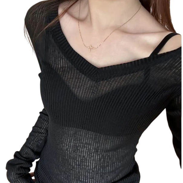 Průsvitné dámské tričko s dlouhým rukávem Výstřih do V Lehký materiál Volný střih Sexy off-shoulder top pro vrstvení i samostatné nošení černá L