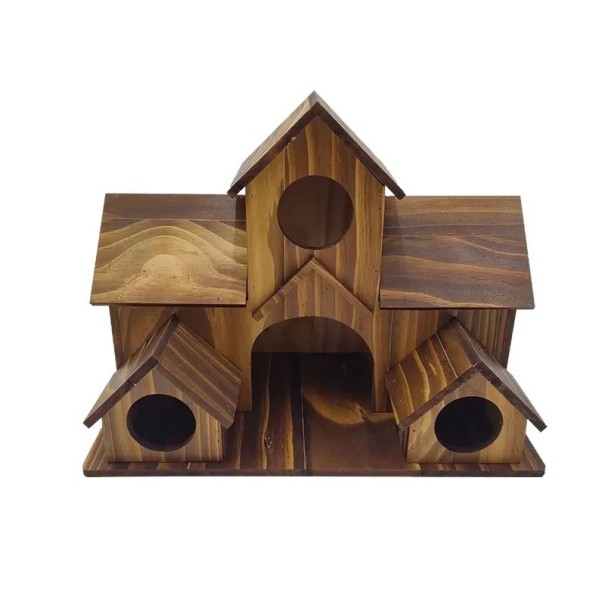 Ptačí budka dřevěná s několika vchody 20 x 13 x 15 cm vstupní otvory 3,5 a 5 cm na zahradu balkon i pozorování ptáků a hnízdění tmavě hnědá