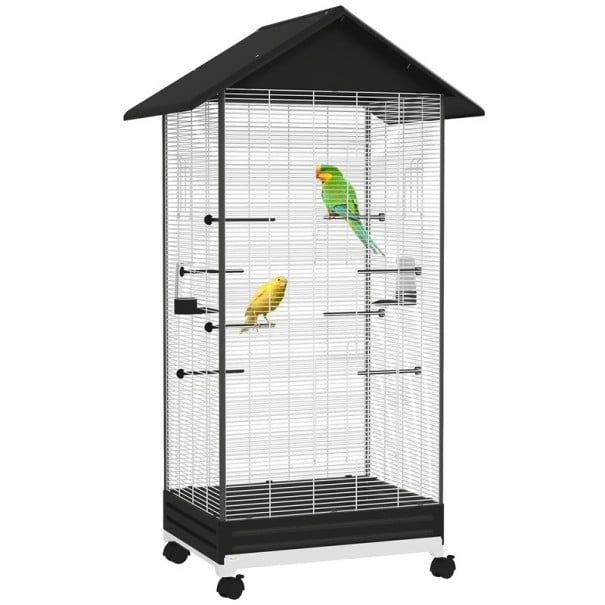 Ptačí klec na kolečkách velká 79 x 65 x 155 cm ocelová 8 bidýlek a 2 krmítka rozteč mřížek 1,1 cm výsuvný podnos pro chov ptáků černá