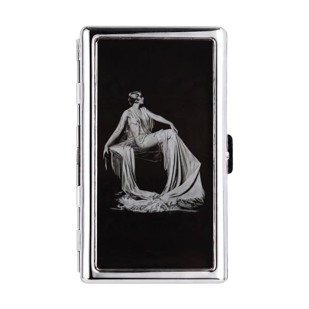 Pudełko na karty w stylu vintage 10 x 6 x 2 cm Metaliczne Srebrne z czarną pokrywką Motyw kobiety w sukience Dwie przegródki Na wizytówki i karty 1