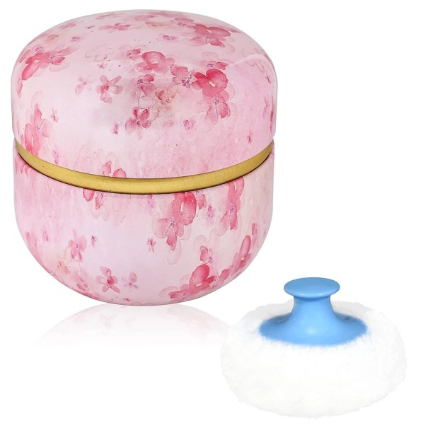 Puderask med svamp, fin blommönster, rosa rund burk med gyllene detalj, kosmetisk behållare för puder i handväskan 1