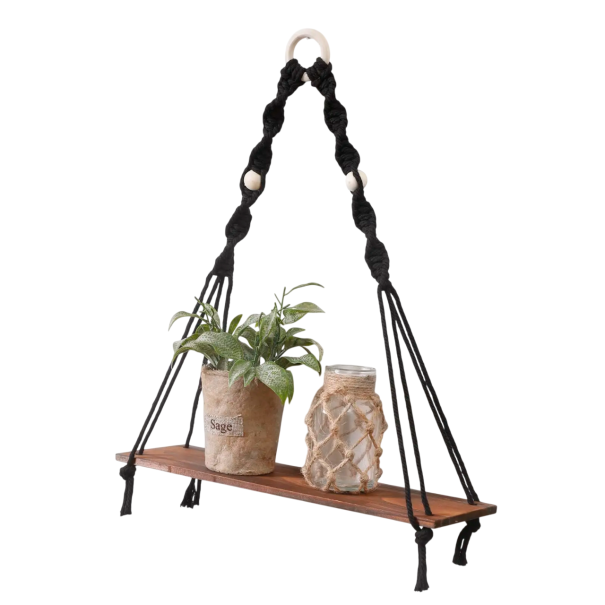 Puinen seinälle ripustettava hylly 10 × 35 × 38 cm Yhden tason hylly narulla ja helmillä Koristava boho-hylly musta