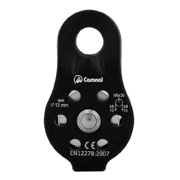 Pulegă cu un singur braț 8,1 x 4,4 cm Aliaj de aluminiu pentru escaladă și alpinism Cabluri de până la 12 mm Capacitate de 26 kN Rezistență negru