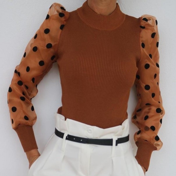 Pull col roulé femme avec des manches transparentes marron XS