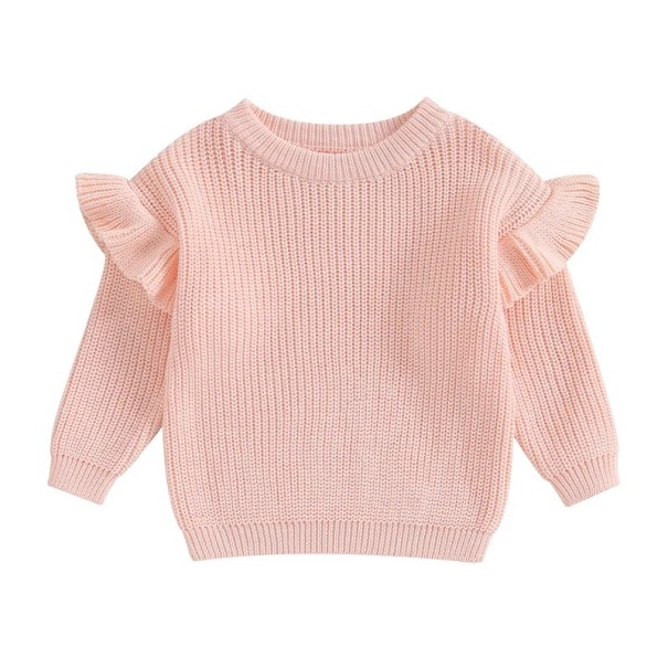 Pull en tricot pour bébé avec volants en coton et acrylique Manches longues Haut uni ample avec col rond O-neck pour filles et garçons rose clair 4