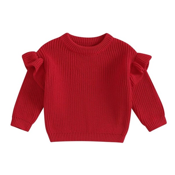Pull en tricot pour bébé avec volants en coton et acrylique Manches longues Haut uni ample avec col rond O-neck pour filles et garçons rouge 3-6 mois