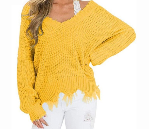Pull en tricot pour femmes avec déchirures jaune XXL
