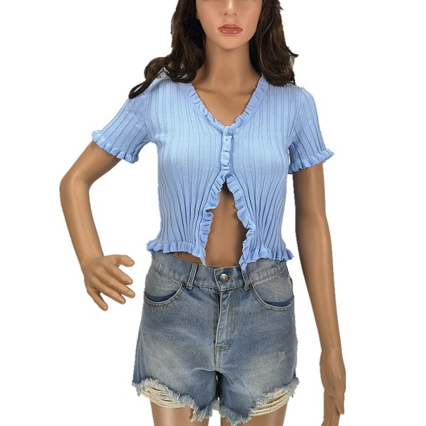 Pull en tricot pour femmes avec volants bleu clair