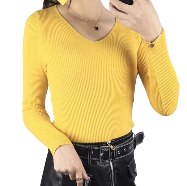 Pull en tricot pour femmes en coton et acrylique avec décolleté en V Pull uni élégant à manches longues Taille universelle pour un usage quotidien jaune