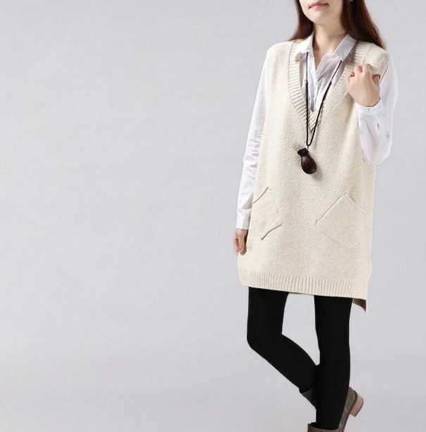 Pull en tricot sans manches pour femmes beige