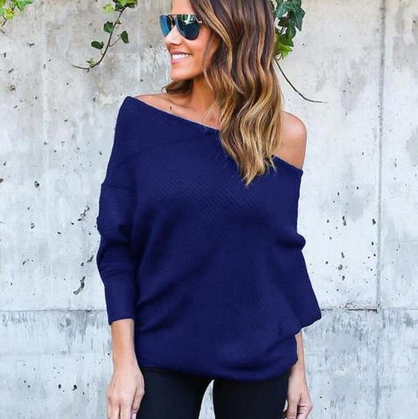 Pull femme à épaule dénudée bleu foncé L