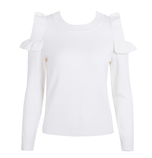 Pull femme avec des découpes à volants sur les épaules J2449 blanc M