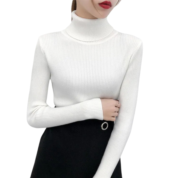 Pull femme en coton et acrylique avec col roulé Pull uni élégant en tricot à manches longues Taille universelle pour l'automne et l'hiver blanc