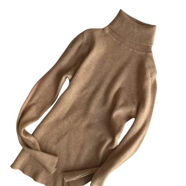 Pull femme en coton et acrylique avec col roulé Pull uni élégant en tricot à manches longues Taille universelle pour l'automne et l'hiver crème