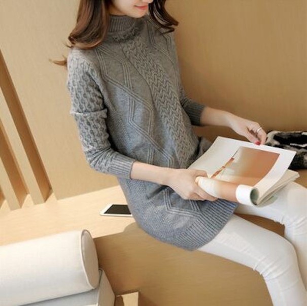 Pull long pour femme avec col roulé gris XL