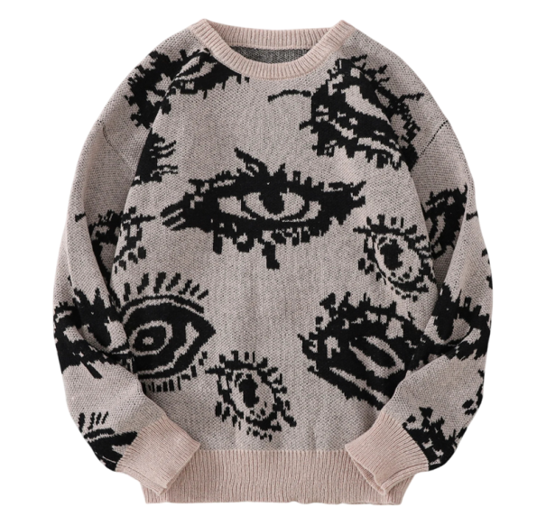 Pull pour homme à col rond Pull en tricot uni avec motif abstrait d'œil Manches longues Pull stylé pour l'automne et l'hiver Polyester marron S