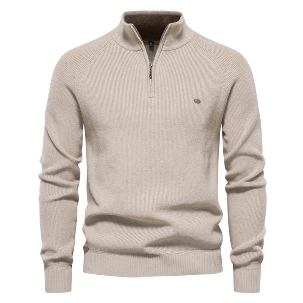 Pull pour homme à manches longues et col roulé Pull en coton élastique avec zip demi-longueur Pull moderne uni plusieurs couleurs beige S