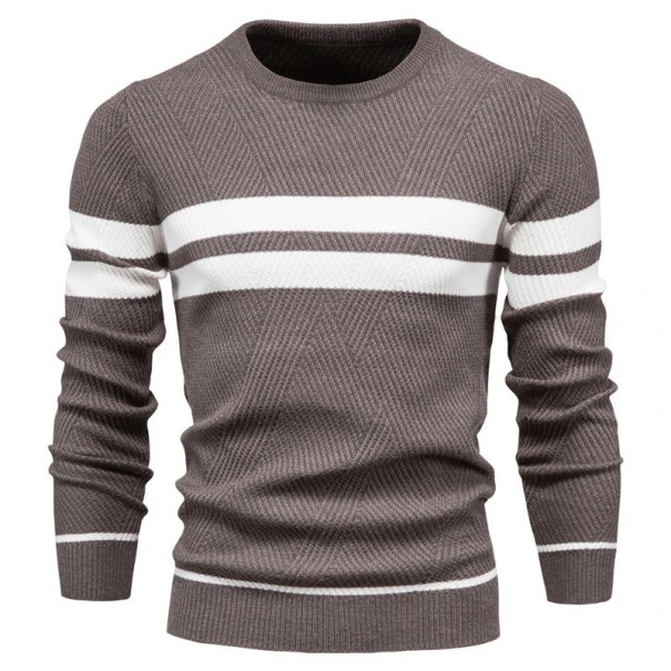 Pull pour homme à manches longues et col roulé Pull slim en tricot à col en V Uni avec 3 bandes blanches Chaud Polyester Coton Différentes couleurs marron M