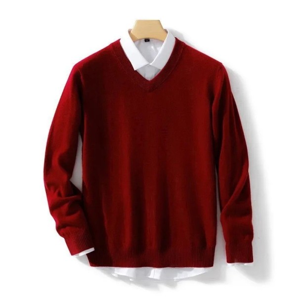 Pull pour homme à manches longues et décolleté en V Un pull tricoté élégant uni Laine et fibres élastiques Mode automne-hiver bordeaux S