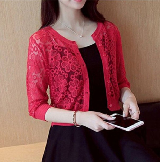 Pullover curto de renda para senhora vermelho