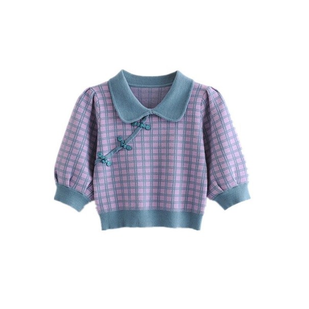 Pullover curto xadrez feminino com colarinho XS