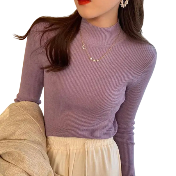 Pullover de gola alta para senhora em poliéster e algodão Sweater de malha de uma só cor com mangas longas Top elegante com tamanho universal para o inverno lavanda