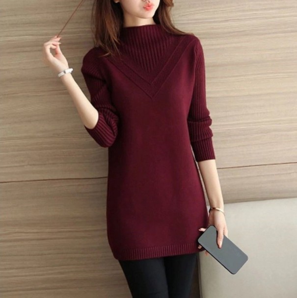 Pullover de malha longo para senhora borgonha S