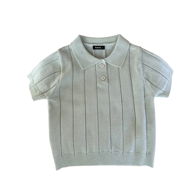 Pullover infantil fino de malha com colarinho e botões até meio Algodão Liso estilo coreano Top leve e macio para rapazes e raparigas Várias cores verde 2