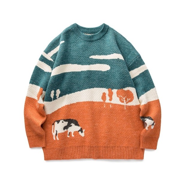 Pullover mit Kuhmotiv orange L