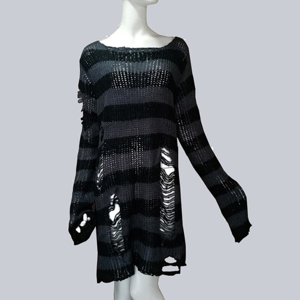 Pulover cu dungi lungi pentru femei, cu rupere gri inchis