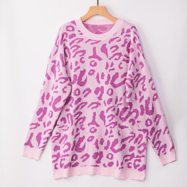 Pulover lung pentru femei, cu model leopard roz L